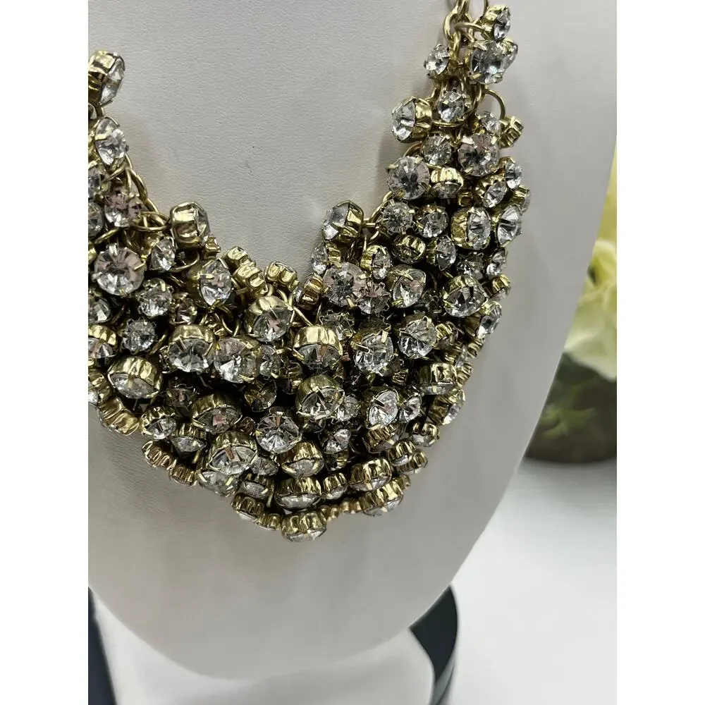 J. Crew Antique Gold Tone Prong Set Rhinestone‎ Cluster Bib Statement Necklace